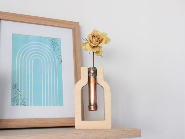 Apothecary bottle shaped vase, made from birch plywood and copper pipe